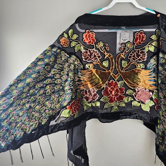 Boho Burnout Velvet Peacock Embroidered Kimono Shawl Wrap Fringe One Size - Picture 2 of 9